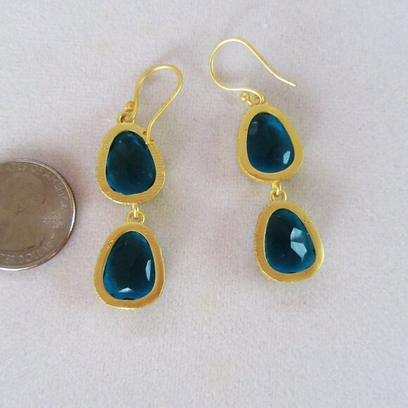 Deep turquoise rhinestone dangling pierced earrings in goldtone frames - WOW!!! - Picture 5 of 5